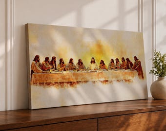 Panorama-Wandbild „Letztes Abendmahl“ mit Jesus und den Aposteln, extra breites gerahmtes Leinwandbild, christliche biblische Dekoration