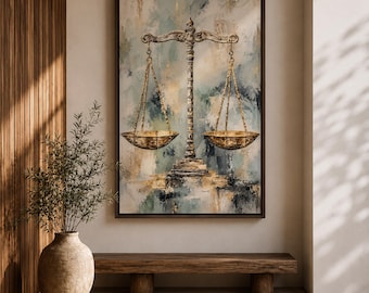 Scales of Justice Canvas Print, Vintage Gold Balance, Abstract Sage Green Law Office Decor