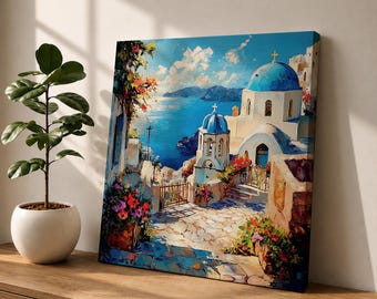 Santorini Blue Dome Wall Art Greek Island Framed Canvas Mediterranean Coastal Village Bedroom Decor