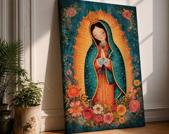 Our Lady Guadalupe Wall Art La Morenita Framed Canvas Floral Virgencita Catholic Boho Decor
