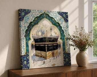 Kaaba Wall Art Masjid al Haram Framed Canvas Mecca Watercolor Islamic Boho Home Decor