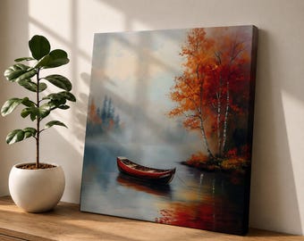 Quadro decorativo de parede com paisagem de canoa em lago no outono, tela emoldurada com folhagem outonal, estilo vintage para cabana.
