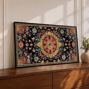 Persian Carpet Panoramic Wall Art Tabriz Rug Extra Wide Framed Canvas Islamic Floral Decor