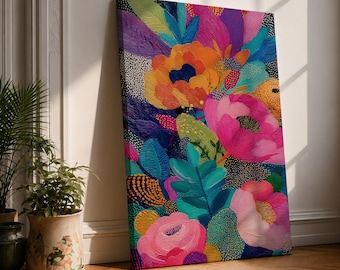 Colorful Floral Canvas Wall Art, Abstract Flower Print, Maximalist Botanical Decor, Vibrant Floral Artwork, Boho Living Room Wall Decor
