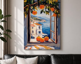 Mediterranean Orange Tree Wall Art Coastal Window Framed Canvas Italian Seaside Landscape Kitchen Decor