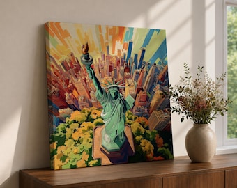 Statue of Liberty Wall Art Canvas Print, New York City Skyline Artwork, NYC Cityscape Decor, Manhattan Living Room Wall Art