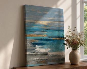 Abstract Ocean Canvas Wall Art, Blue Coastal Painting, Turquoise Seascape Print, Modern Beach House Decor, Neutral Coastal Wall Art