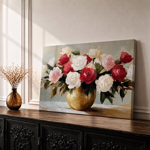 Rose Bouquet Wall Art, Impressionist Floral Canvas Print, Gold Vase Painting, Cottagecore Flower Decor