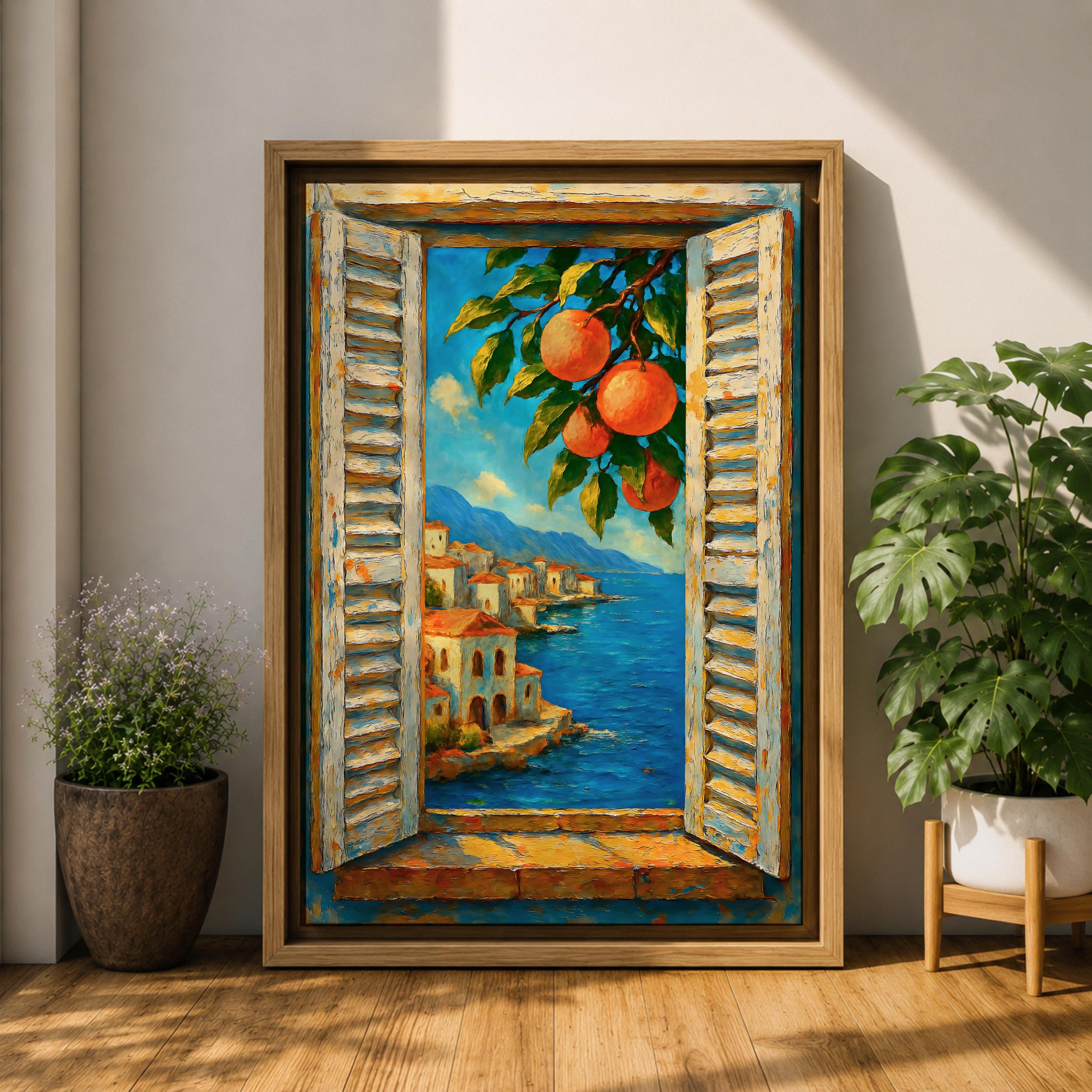Mediterranean Orange Tree Window Wall Art Italian Coastal View Framed ...
