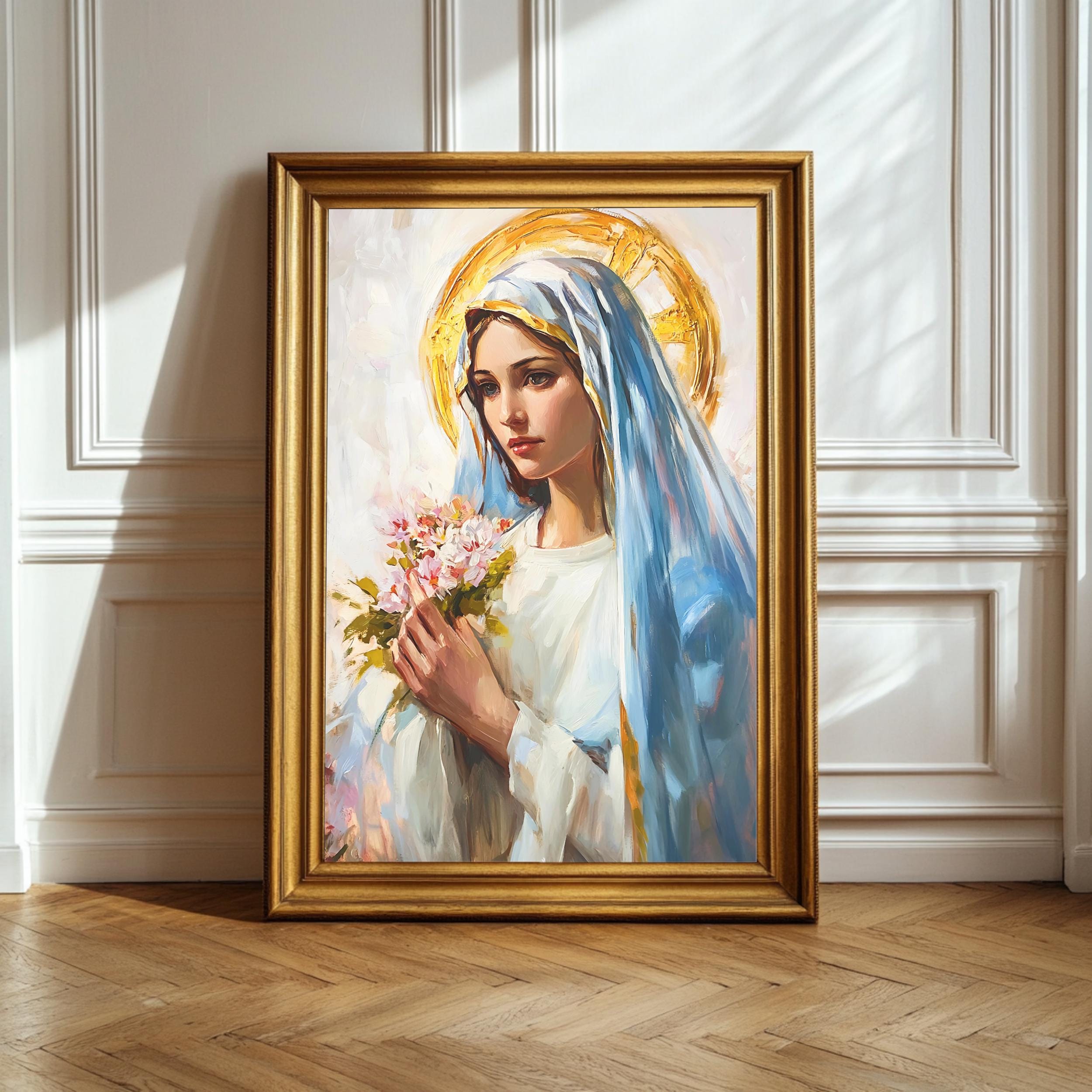 Vintage Blessed Virgin Mary Art Print, Blessed Mother Floral