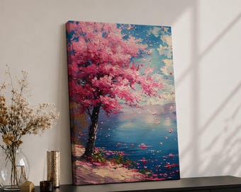 Cherry Blossom Wall Art, Pink Blossom Canvas, Japanese Sakura Art, Floral Landscape Painting, Spring Wall Decor, Blue Lake Artwork