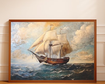 Vintage Sailing Ship Wall Art Print, Nautical Seascape Poster, Printable Wall Art, Digital Download