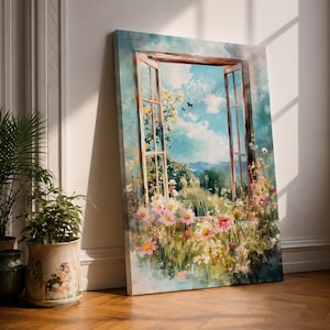 Open raam muurkunst tuin uitzicht ingelijst canvas platteland weide aquarel woonkamer decor