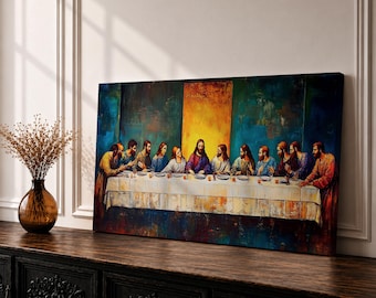 Panorama-Wandbild „Letztes Abendmahl“ – Jesus und die Apostel – Extra breites gerahmtes Leinwandbild – Christliche Dekoration