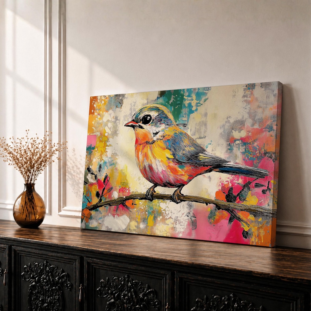 Songbird Wall Art Warbler Framed Canvas Wildlife Botanical Impasto