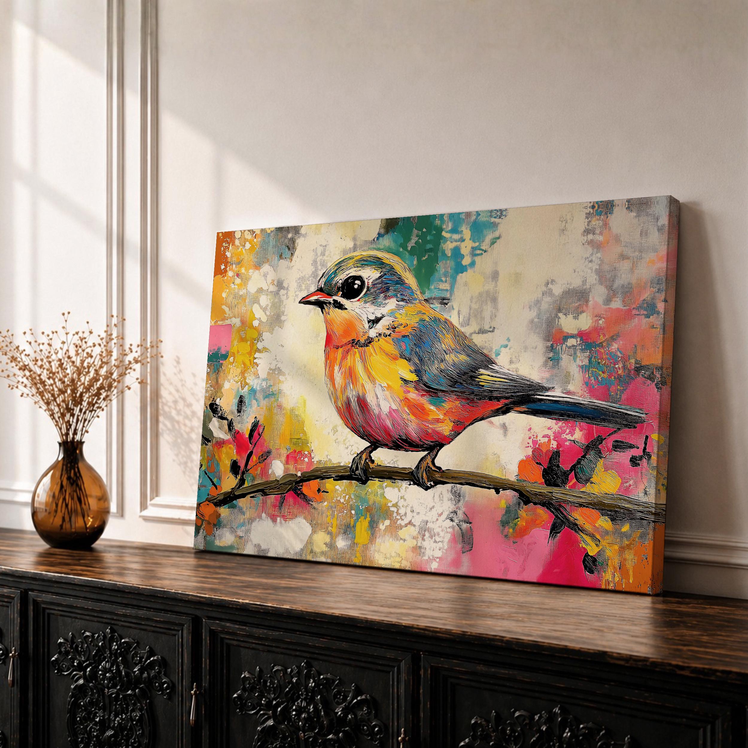 Songbird Wall Art Warbler Framed Canvas Wildlife Botanical Impasto