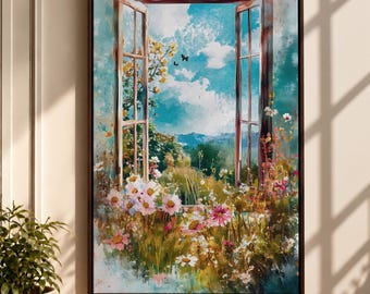 Open Window Garden View Canvas, Cottagecore Landscape Art, Floral Nature Wall Decor