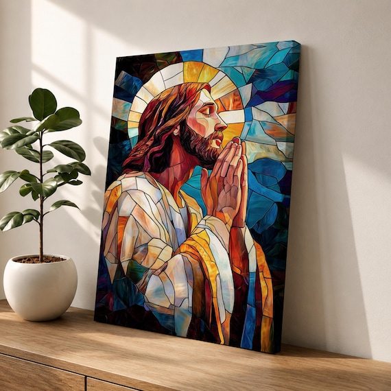 Jesus Praying Wall Art Holy Redeemer Framed Canvas Modern Stained