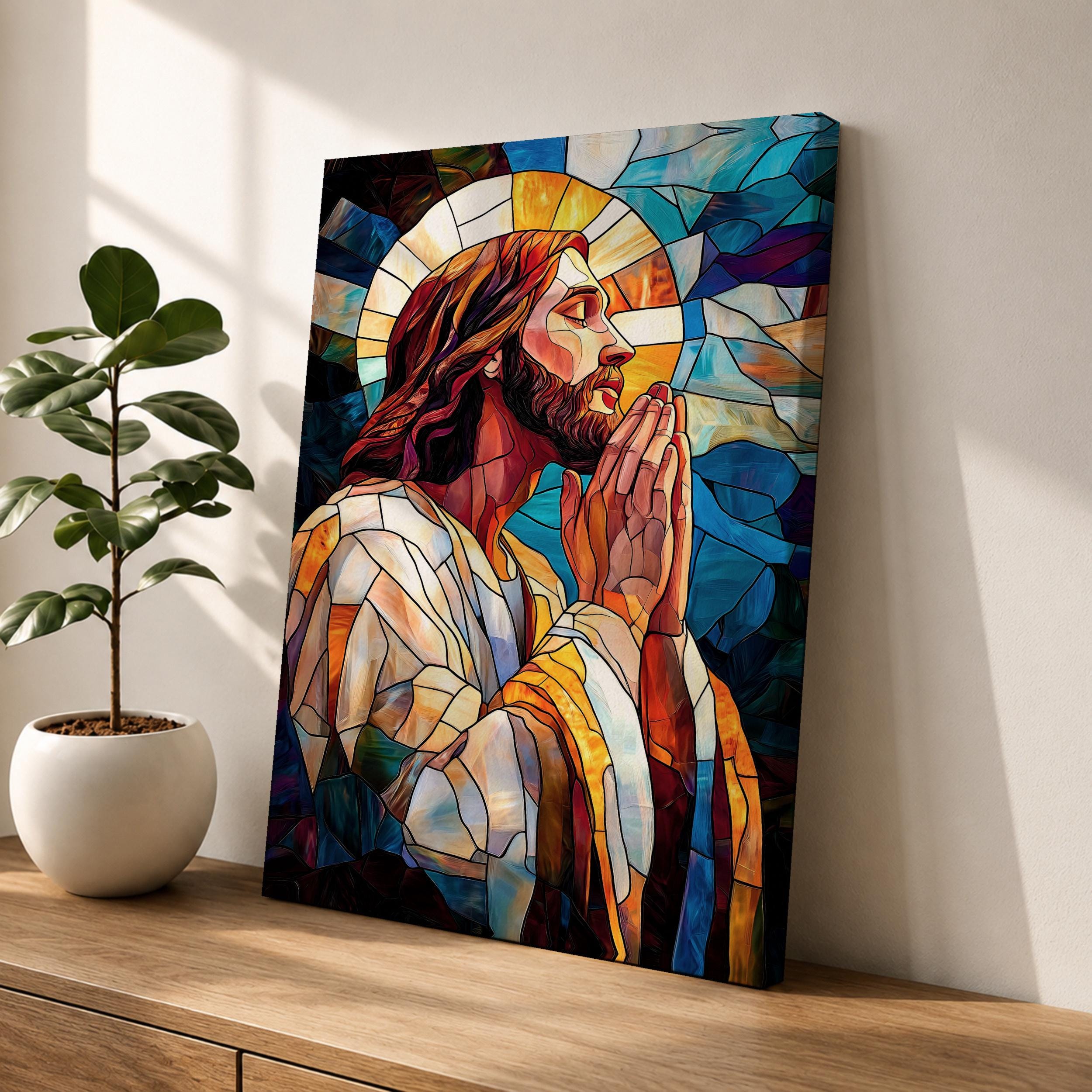 Jesus Praying Wall Art Holy Redeemer Framed Canvas Modern Stained