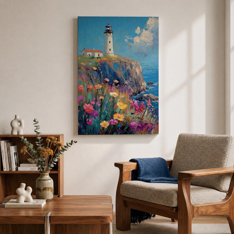 Lighthouse Wall Art, Coastal Wildflower Cliff Abstract Canvas Print, Living Room Decor image 4