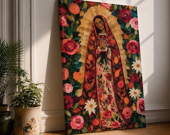 Our Lady of Guadalupe Canvas Print, Mexican Folk Painting, Red Roses, Golden Religious Decor