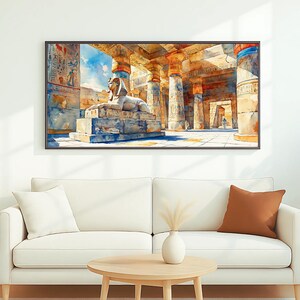 Altes Ägypten Wandkunst | Langer horizontaler schmaler Druck | Ägyptischer Tempel Leinwand für Oben Couch oder Bett