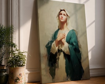 Blessed Mother Wall Art, Virgin Mary Canvas Print, Catholic Religious Painting, Christian Prayer Room Decor