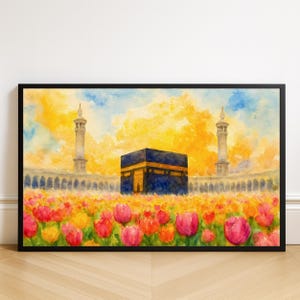 Floral Kaaba Watercolor Art Print: Islamic Makkah Mosque Ramadan Hajj Umrah (Digital Download)