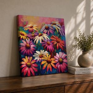 Colorful Floral Wall Art, Daisy Canvas Print, Wildflower Painting, Vibrant Flower Wall Decor, Botanical Art, Maximalist Home Decor