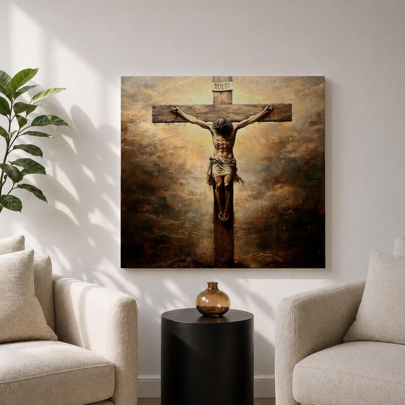 Jesus Crucifixion Wall Art Christ on the Cross Framed Canvas Vintage Christian Home Decor