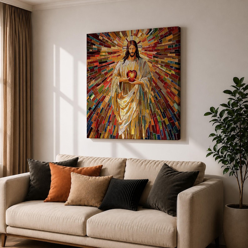 Sacred Heart of Jesus Wall Art Holy Redeemer Framed Canvas Mosaic Catholic Home Decor