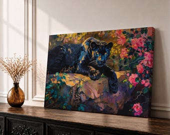 Black Panther Wall Art Melanistic Leopard Framed Canvas Jungle Wildlife Impasto Exotic Home Decor