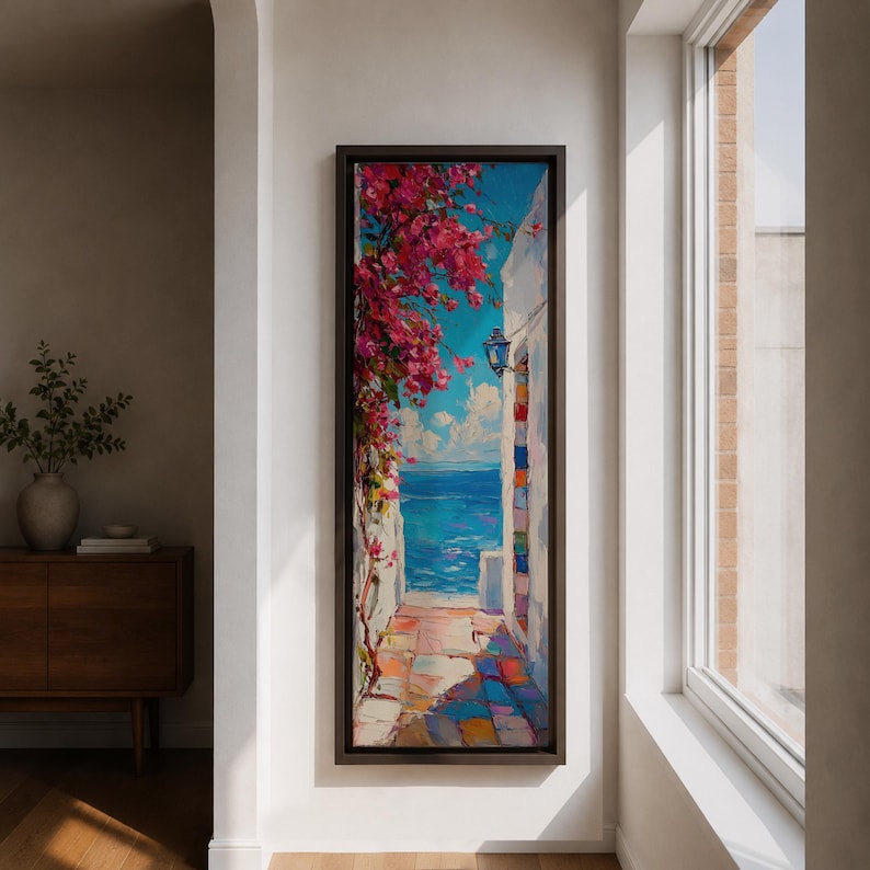Santorini Long Narrow Vertical Wall Art Greek Island Village Gift Living Room Home Decor