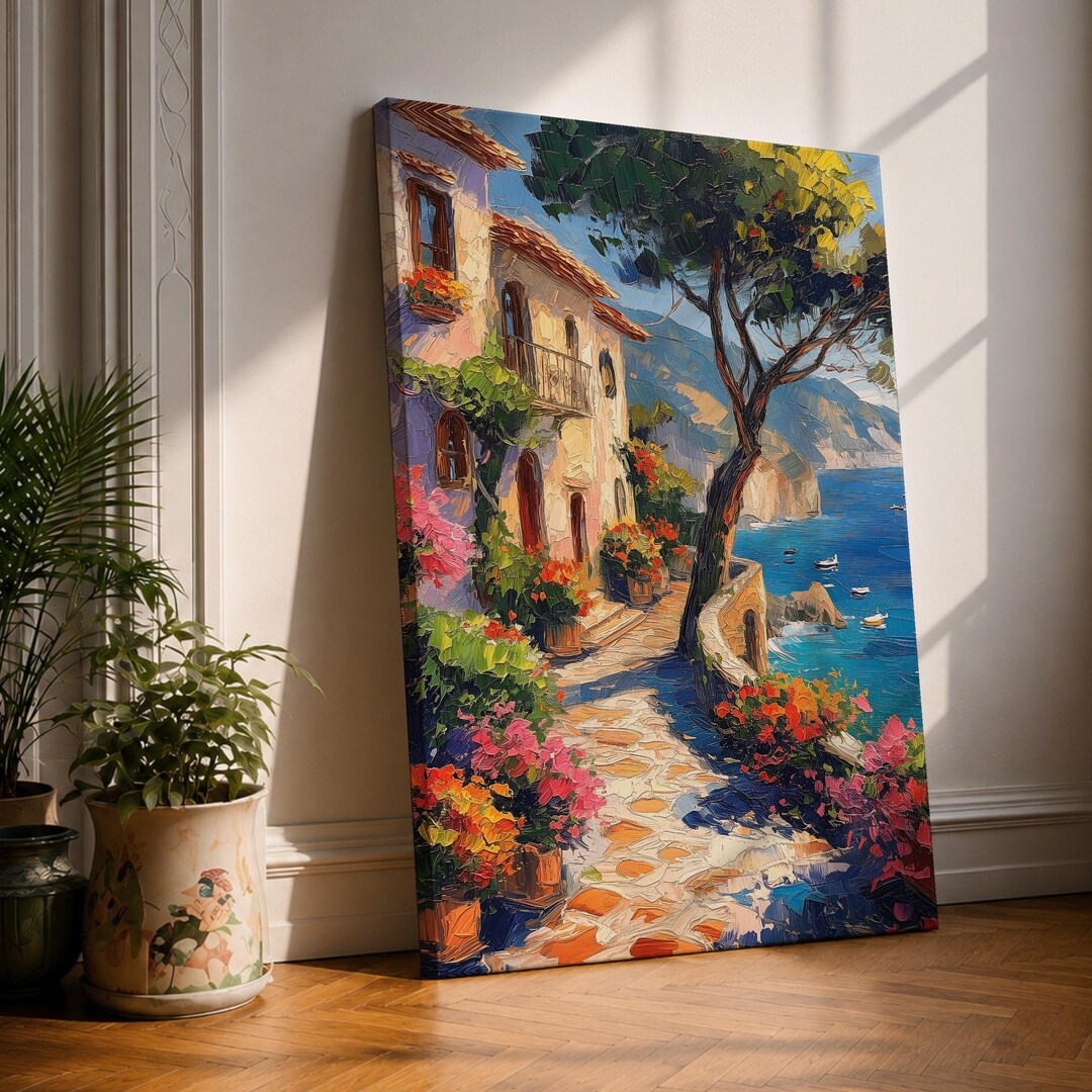 Mediterranean Coastal Village Wall Art Seaside Cliffside Framed Canvas ...