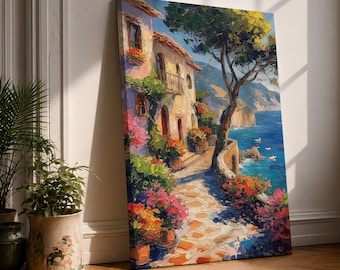 Mediterranean Coastal Village Wall Art Seaside Cliffside Framed Canvas Ocean Landscape Living Room Decor