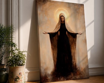 Virgin Mary Wall Art Open Arms Framed Canvas Lady of Grace Vintage Catholic Decor