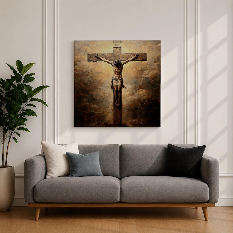 Jesus Crucifixion Wall Art Christ on the Cross Framed Canvas Vintage Christian Home Decor