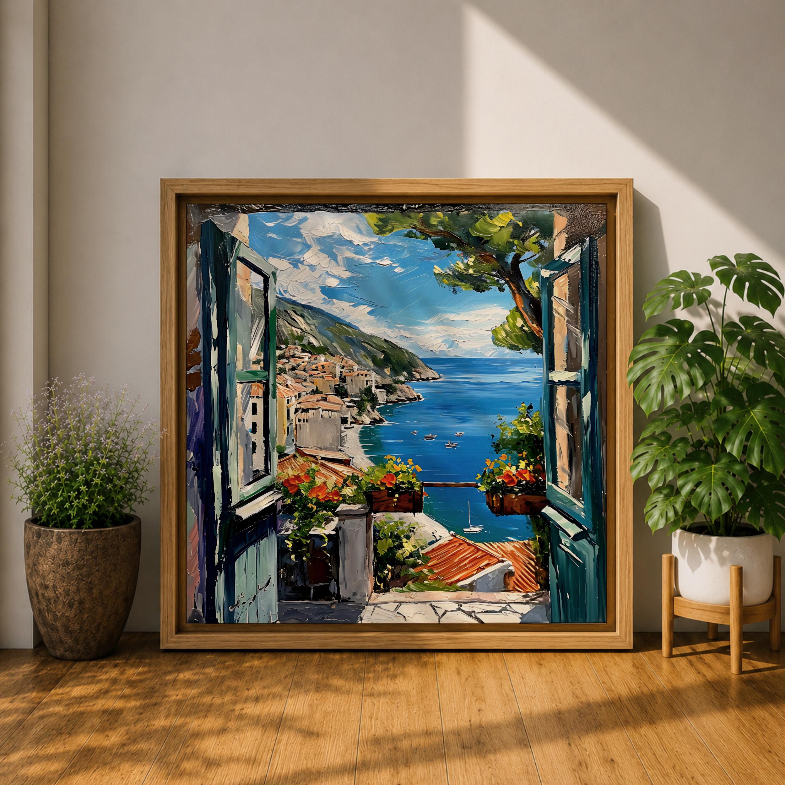 Mediterranean Window View Wall Art Coastal Seaside Framed Canvas Ocean ...