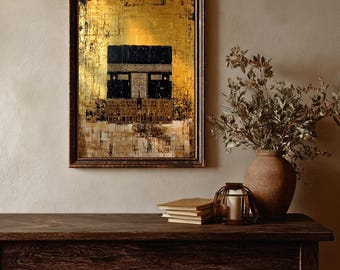 Kaaba Wall Art Masjid al-Haram Mecca Gold Framed Canvas Hajj Umrah Vintage Islamic Decor