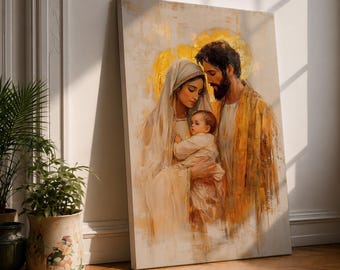 Holy Family Wall Art, Jesus Mary Joseph Canvas Print, Catholic Home Decor, Religious Christian Wall Art, Nativity Scene Painting