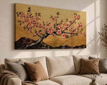 Cherry Blossom Wall Art, Panoramic Sakura Tree Canvas Print, Japanese Zen Floral Painting, Large Horizontal Botanical Decor