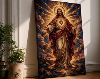 Sacred Heart of Jesus Wall Art Christ Redeemer Framed Canvas Mosaic Radiant Catholic Decor