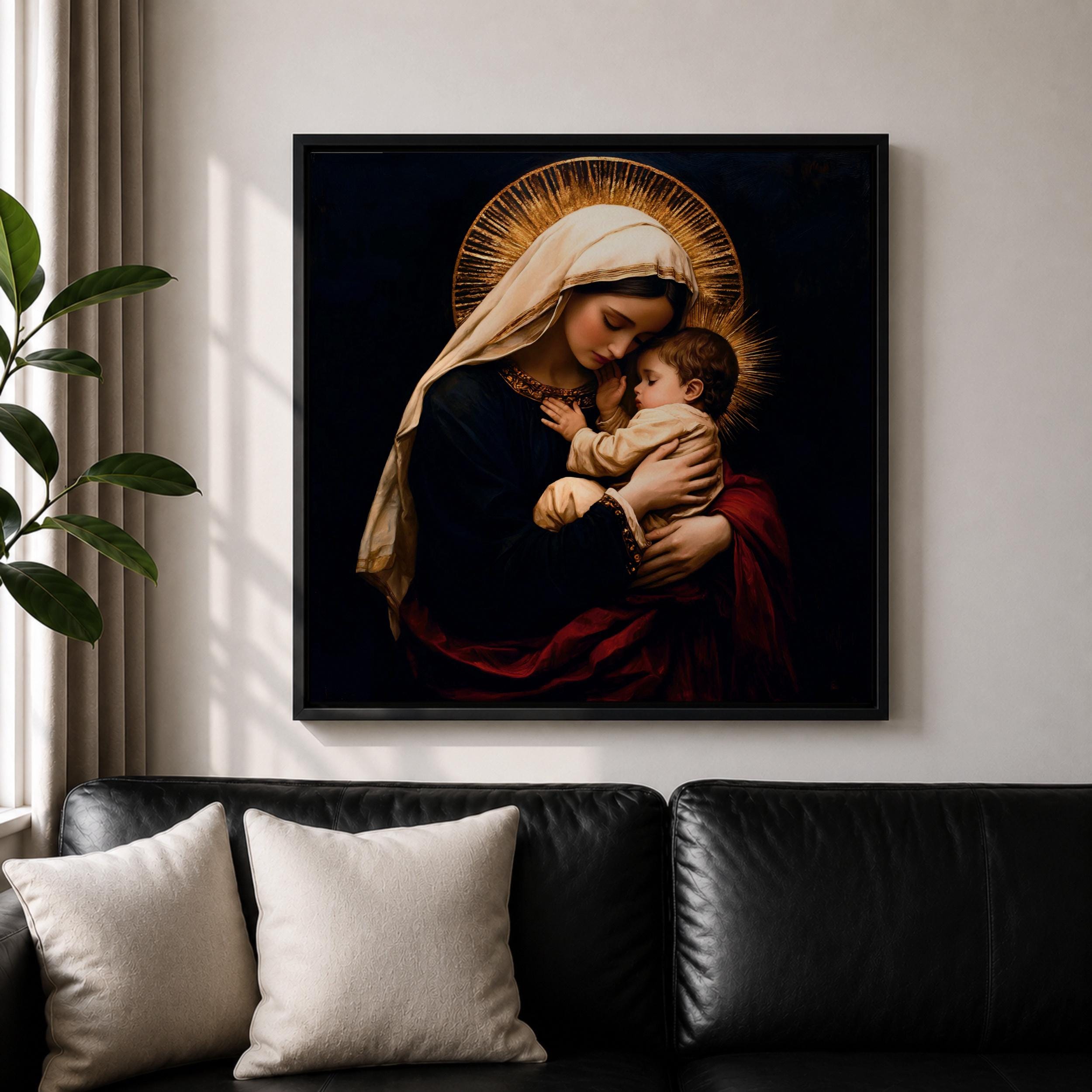 Madonna and Child Wall Art Mother Embrace Framed Canvas Mary and Jesus ...
