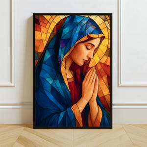 Blessed Virgin Mary Digital Art Print, Stained Glass Religious Wall Art, Christian Printable Artwork, Catholic Home Decor