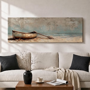 Long Horizontal Boat Wall Art, Coastal Canoe Canvas, Neutral Beach Landscape Decor