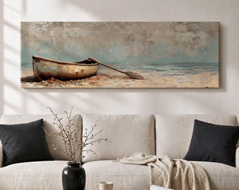 Long Horizontal Boat Wall Art, Coastal Canoe Canvas, Neutral Beach Landscape Decor