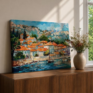 Mediterranean Village Canvas Print, Coastal Harbor Painting, Mountain Landscape, Italian Seaside Town Wall Art