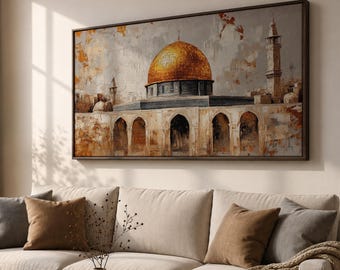 Dome of the Rock Wall Art, Panoramic Islamic Mosque Canvas Print, Jerusalem Architecture Painting, Muslim Home Decor