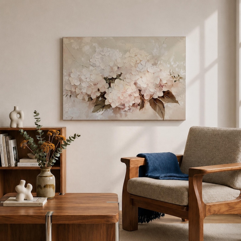 Hydrangea Wall Art Hortensia Framed Canvas Soft Bloom Botanical Vintage Floral Cottage Home Decor