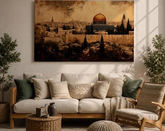 Dome of the Rock Canvas Wall Art, Vintage Jerusalem Islamic Decor, Al Aqsa Wall Art, Ready to Hang Muslim Palestine Wall Decor